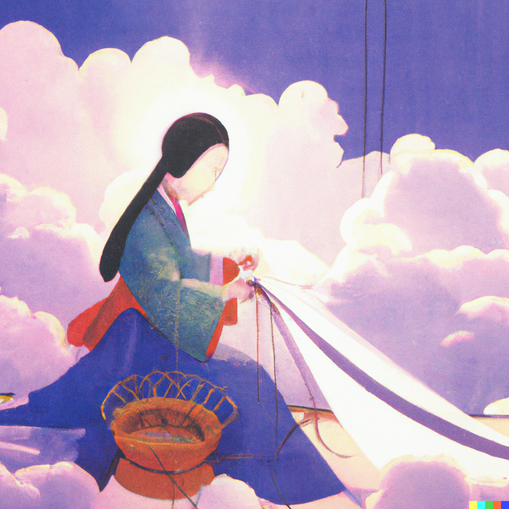 artwork of women weaving cloth beside cloud