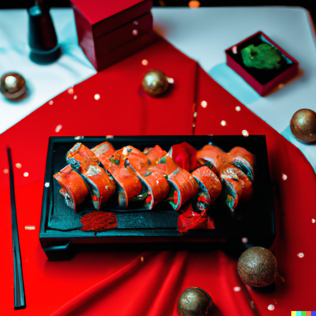 sushi decorated on red fabric